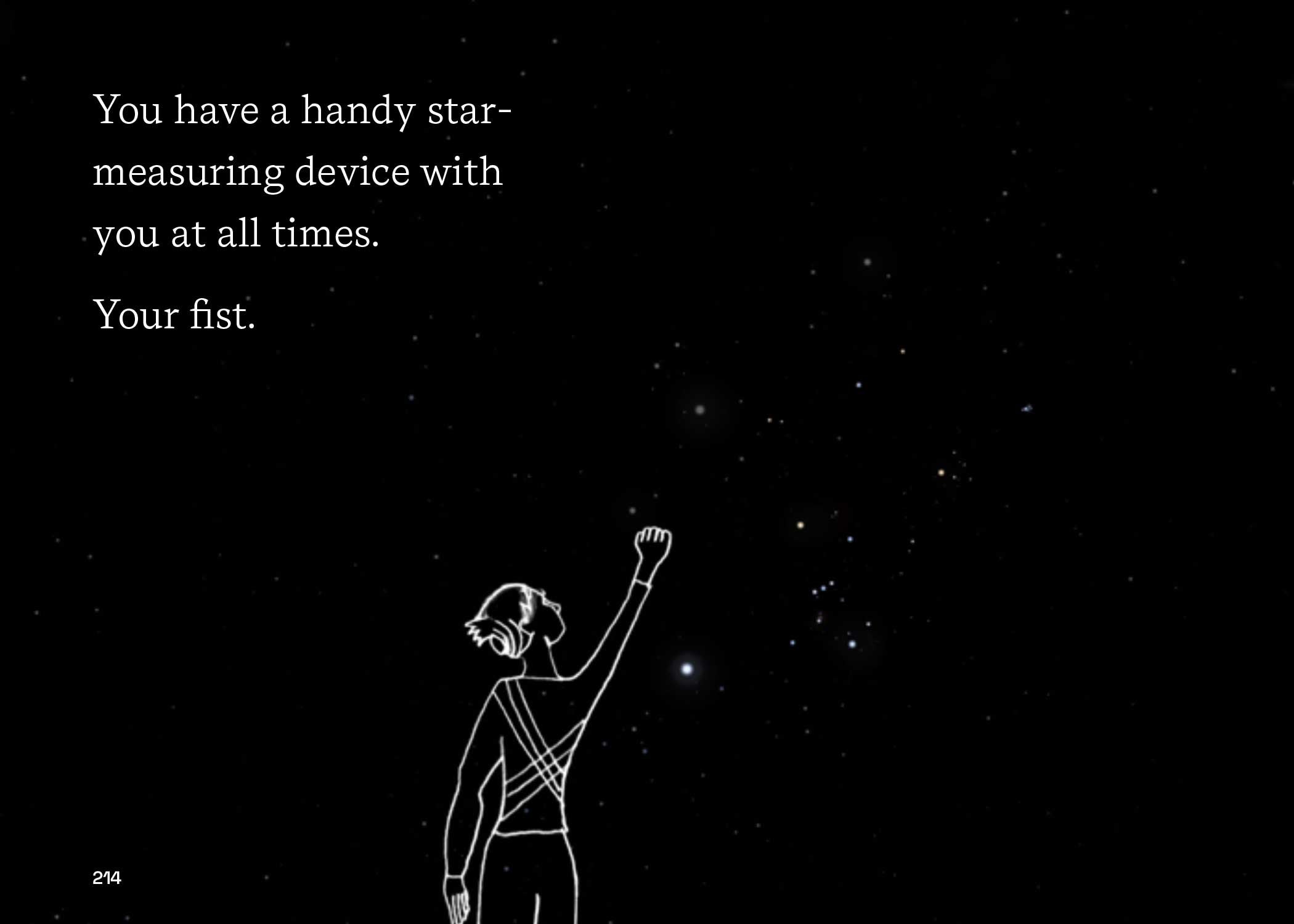 Astronomer measuring distance in the sky using a closed fist