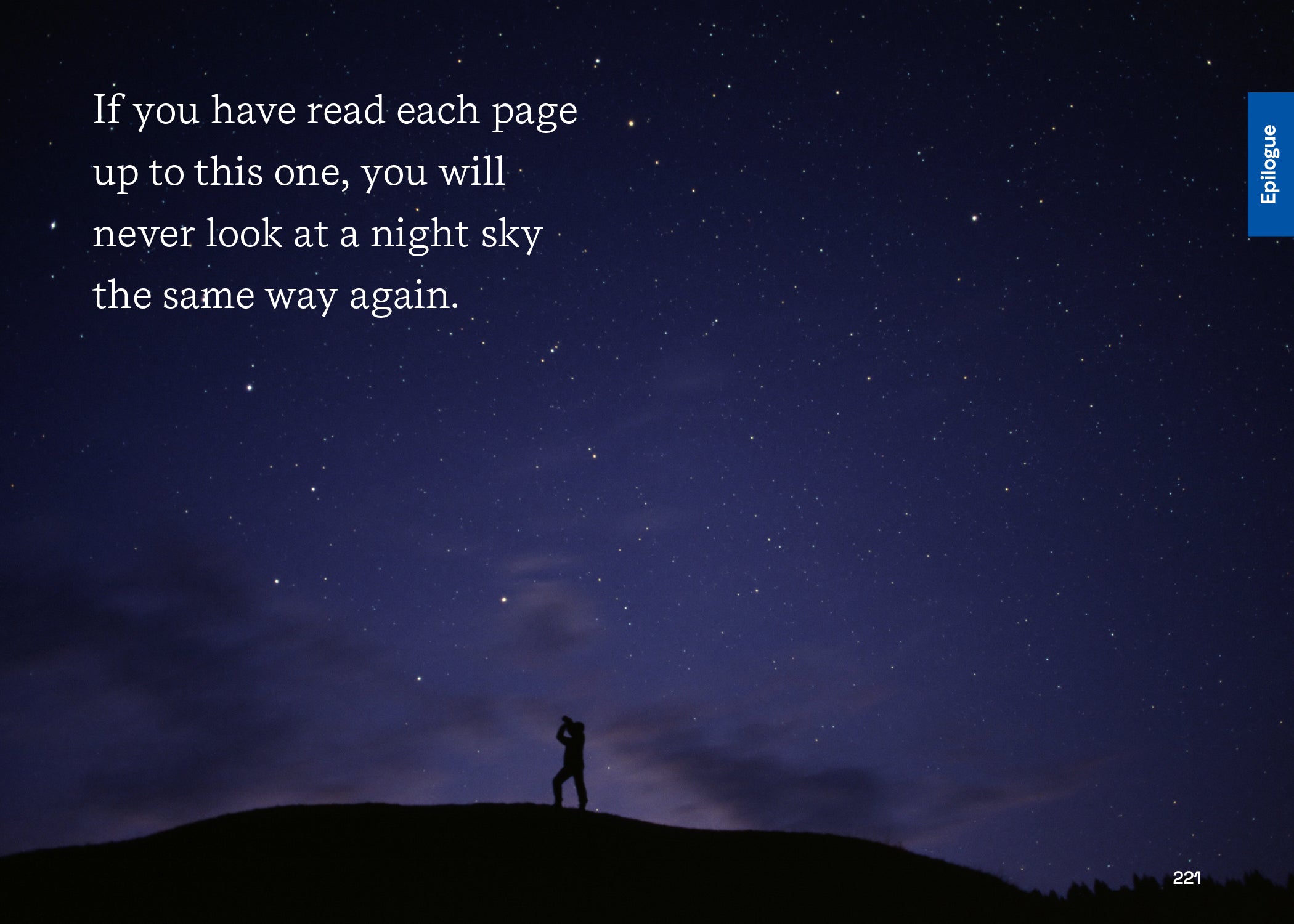 Person standing on a hill looking at a starry night sky with a quote about appreciating the night sky.